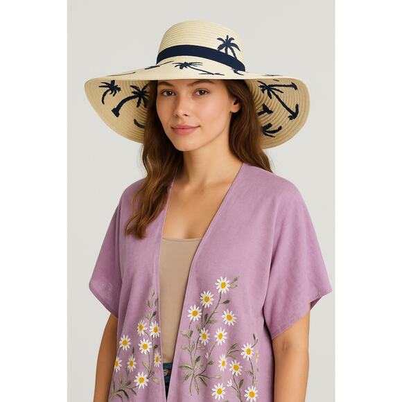 Yumi Wide Brim Sun Hat Palm Tree Print Straw Beach Hat One Size Summer - Picture 1 of 6